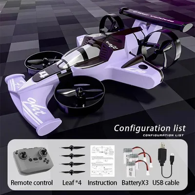 Immagine prodotto di Drone-auto RC 2 in 1 - Mini drone con modalità guida - Doppia modalità: volo e guida - Portata 100 m - Autonomia di volo 5–10 min - Ricarica USB - Per interni/esterni - Viola