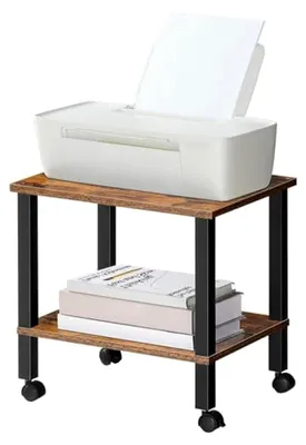 Produktbild von 2 Ebenen Druckertisch, Druckerwagen mit arretierbaren Rädern, Druckerständer unter Schreibtisch, Drucker Regal, Druckerhalter 38 x 28 x 38 cm, für Büro, Fax, Dunkelbraun und Schwarz