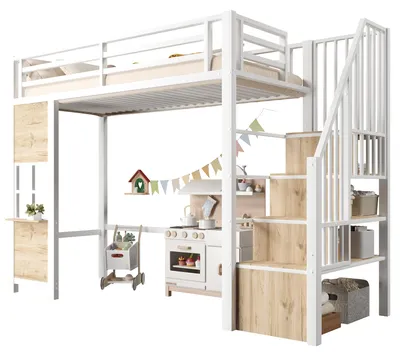 Produktbild von Hochbett, 90 x 200 cm, Eisenrahmen, Ablageleiter, offener Stauraum unter dem Bett, Fenstergestaltung, icherheitsgeländer, ohne Matratze, Weiß