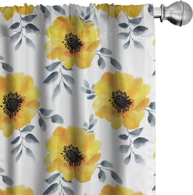 Produktbild von ABAKUHAUS Blumen Vorhänge, Gardinen, Watercolored Gelbe Mohnblumen mit Blättern Romantische Frühlings-Zeit, 2 Stück 75 x 225 cm, Erde Gelb und Weiß