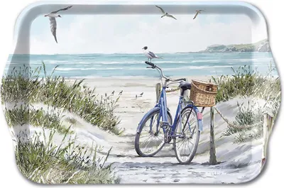 Produktbild von Tablett klein Bike at the Beach - Fahrrad mit Korb am Strand 20,8x13,6cm Ambiente Tablett Maritim