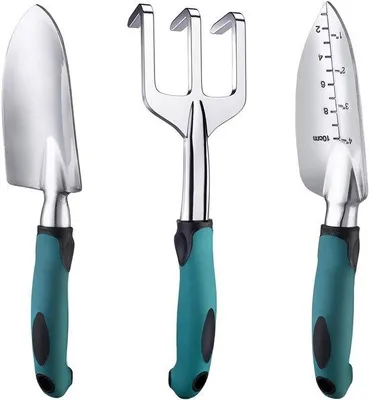 Obrázek produktu pro Ibenzoa® Profesionální zahradní sada z nerezové oceli, 3 kusy – rýč, lopatka a hrábě s ergonomickými, protiskluzovými rukojeťmi