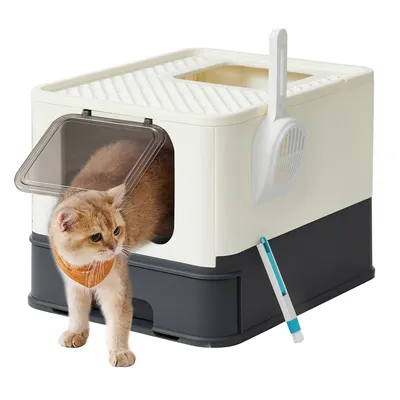 Produktbild von FEANDREA Katzenklo, mit Deckel, für Katzen bis 15kg, Beige-Schwarz