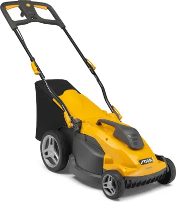 A yellow and black electric lawnmower on a white background.