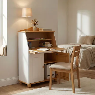 Produktbild von Sekretär DAVID aus Kiefer Massivholz, Weiß/Braun - Klappensekretär mit aufklappbarer Arbeitsfläche, Schreibtisch mit Stauraum für Büro oder Wohnzimmer im Landhausstil