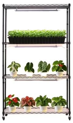 Image de Étagère à plantes VEVOR avec éclairage de croissance 90 x 35 x 150 cm, support à 4 niveaux, étagère à plantes sur roulettes, lampes à spectre complet tricolores de 90 W, étagère à fleurs en métal pour la germination des graines