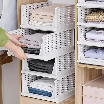 Produktbild von 4 Stück Kleiderschrank Organizer, Schrank Kleiderboxen, Plastik,Offener, Stapelbar Aufbewahrungsbox für Schränke Schlafzimmer,Weiß,42.5x32.5x18.5cm