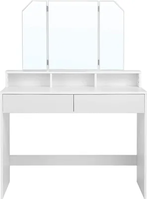 A white vanity table with a tri-fold mirror and two drawers.