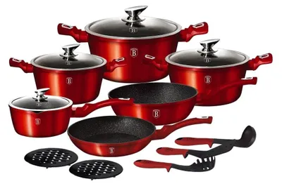 Obrázok produktu pre Sada mramorovaných, nepriľnavých hrncov a panvíc s pokrievkami a nástrojmi, Burgundy Metalic Line Berlinger Haus BH 1226N