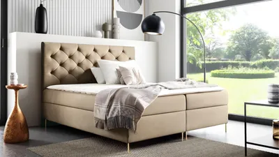 Produktbild von GUTTO Bett -- SARAH -- Boxspringbett KARAMELL 140x200 Bett mit Bettkasten und eingebauter Matratze + Topper Beige Velour Samtstoff Velvett goldene Bei
