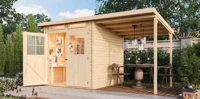 Produktbild von KARIBU Gartenhaus Glücksberg Naturbelassen 209 x 213 cm, Gartenhaus mit Anbaudach, Steck Schraubsystem Pultdach, 19 mm Wandstärke Fichtenholz, inklusive Unterkonstruktion