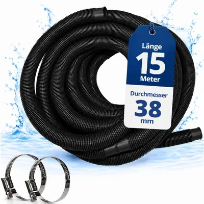 Produktbild von HAF Hochwertiger Pool Schwimmbadschlauch 38mm Schwarz 15 Meter | Poolschlauch für Garten & Schwimmbad | Solarschlauch + 2x Edelstahl Schlauchschellen