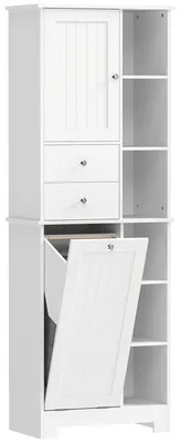 Produktbild von Badezimmerschrank Schmaler Badschrank mit 6 offenen Fächern und Wäschekorb, 2 Schubladen und Soft-Close-Tür, Weiß