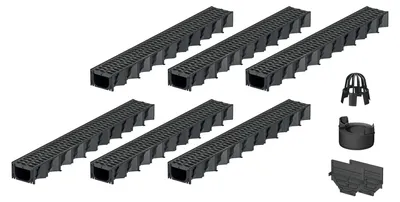 Produktbild von 6x1m ACO Hexaline 2.0 Entwässerungsrinne mit Microgrip Stegrost Ablauf vertikal Bodenrinne Terrassenrinne