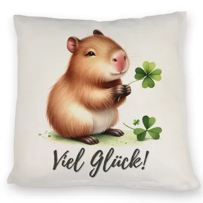 Produktbild von Capybara mit Kleeblatt Kissen mit Spruch Viel Glück
