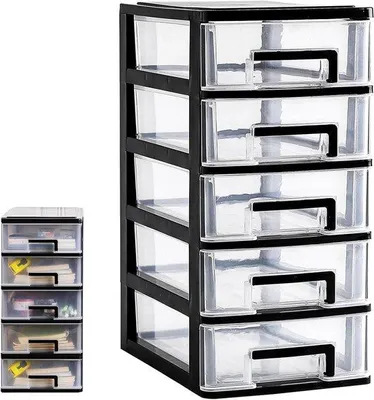 Productafbeelding van Schuifladenkast Kunststof - Opbergbox Lades - Bureau Organiseren - Transparant Ontwerp - 5 Lades - Zwart