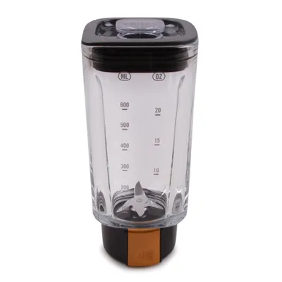 A blender jug with measurement markings.