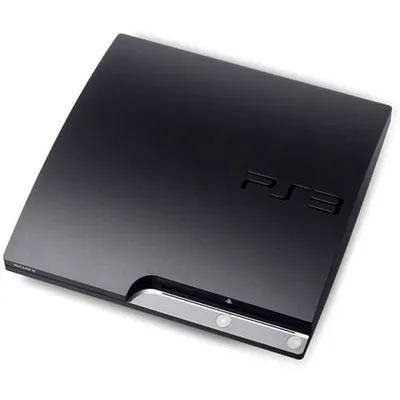 A black PlayStation 3 Slim console is shown from a slightly elevated angle against a white background.