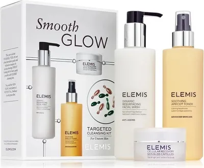 Produktbild von Elemis Smooth Glow Reinigungsset: Elemis Dynamic Resurfacing Gesichtsreinigung 200ml + Elemis Soothing Apricot Toner 200ml + Elemis Cellular Recovery Skin Bliss Kapseln 14 Kapseln