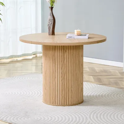 Produktbild von Esstisch Rund Ø 100 cm MDF Hellholz-Optik – Moderner Säulentisch für 4-6 Personen mit Metallstütze & Klettverschluss-Design
