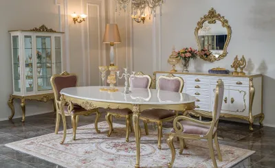 Produktbild von Design Esszimmer Set 8tlg Esstisch Stuhl Kommode Vitrine Spiegel Ess Tische Holz