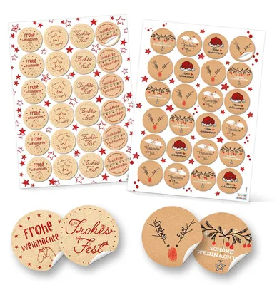 Produktbild von Weihnachtsaufkleber Set - 4 x 24 Sticker in Kraftpapier-Optik natur braun rot