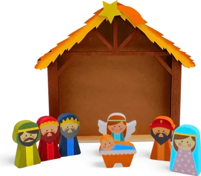 Produktbild von Holzkrippe bunt für Spiel und Dekoration - 8 teilig - Kinderkrippe mit Stall und 7 Holzfiguren