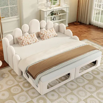 Produktbild von okwish Kinderbett 90/180x200 Schlafsofa 2-in-1 multifunktionales Polsterbett Lattenrost und Rückenlehne Samtstoff Beige (ohne Matratze)