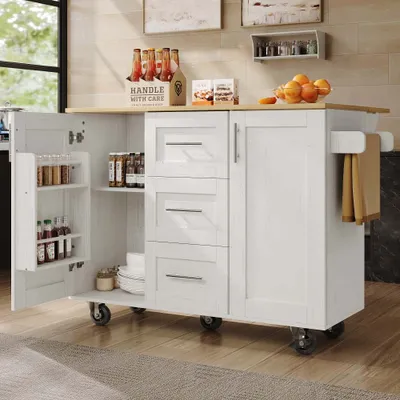 Immagine prodotto di Carrello da cucina AIORBER, con piano pieghevole, divisorio estraibile, 5 rotelle, portasciugamani laterale, per sala da pranzo, 135x46x86,6 cm, bianco