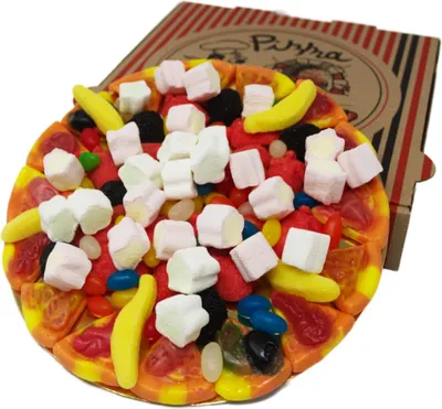 Produktbild von Fruchtgummi Pizza Primavera im Pizzakarton luftdicht verschweißt 430g