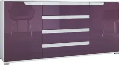 Produktbild von Vladon Sideboard Sylt V2, Kommode mit 2 Türen und 4 Schubladen, Korpus - Weiß matt / Front - Brombeer Hochglanz / Absetzung - Weiß Hochglanz (166,5 x 75,5 x 35 cm)