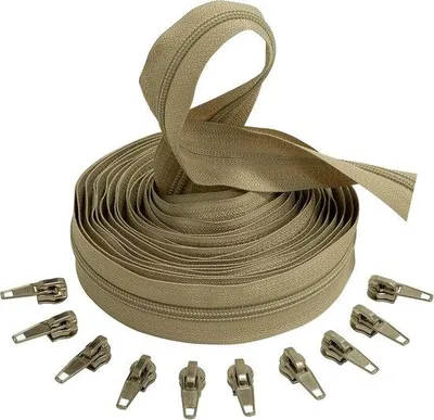 Productafbeelding van Set van 5 Meter Spiraalritssluiting Maat 5 - 10 Zilveren Schuiven met Slot - Donkerbeige Nylon/Metaal