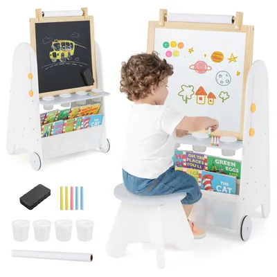 Zdjęcie produktu dla Sztaluga dla dzieci COSTWAY, tablica dla dzieci 4 w 1 z taboretem, tablicą magnetyczną i szkolną, półkami na książki, rolką papieru i akcesoriami dla dzieci w wieku 3+