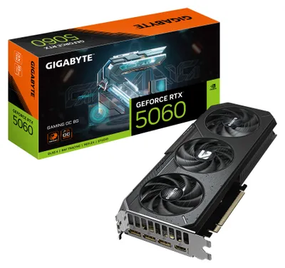 Obrázok produktu pre GIGABYTE GeForce RTX 5060 GAMING OC 8G, GeForce RTX 5060, 8 GB, GDDR7, 128 bit, 7680 x 4320 px, PCI Express 5.0