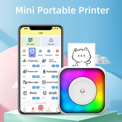 Image de Mini Imprimante Thermique Multifonction Portable avec Lumière RGB Impression Instantanée Photo Sans Fil Support Connexion BT pour Smartphone avec 9 Rouleaux de Papier Thermique 57mm + 5 Rouleaux de Papier Auto-Adhésif Compatible avec iOS Système Android pour Reçu Photo Memo Note Etiquette Enfants DIY
