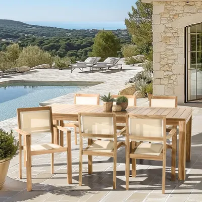 Image de FUN - Ensemble de jardin avec table en bois teck et textilène 8/10 personnes