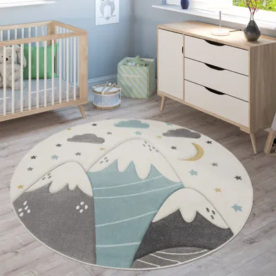 Produktbild von Kinderteppich Kinderzimmer Pastell Blau Grau Berg Mond Sterne Strapazierfähig Grösse 160 cm Rund