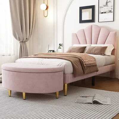 Produktbild von Polsterbett 90*200 cm, muschelartiges Bett mit goldenen Eisenbeinen, höhenverstellbares Kopfteil, bettHolzlattenrost mit Polsterbank/Stauraum, Rosa