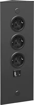 A black corner power strip with three outlets and a USB port.