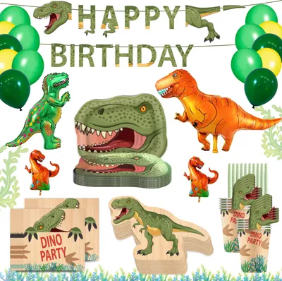 Produktbild von MEGA Dinosaurier SET Party Kinder Geburtstag Deko 10 Gäste T-REX Dino Zug Teller Becher Untersetzer Servietten Banner