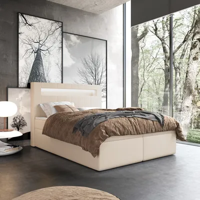 Obrázok produktu pre Dvojlôžková posteľ s boxspringom ROTTWEIL – posteľ s rozmermi 180 x 200 cm s matracom Bonell, úložným priestorom na posteľnú bielizeň a vrchnou podložkou. Posteľ s čelom. Čelo s LED osvetlením (Soft 33)