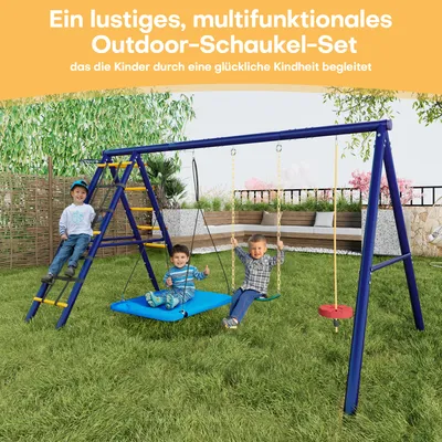 Three children are playing on a blue and yellow swing set in a grassy backyard.