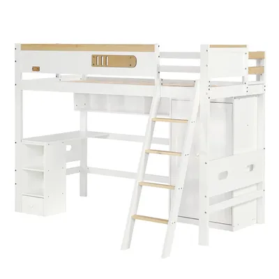 Produktbild von Flieks Etagenbett 90x200cm mit Schreibtisch und Regal, Hochbett mit Kleiderschrank, Kinderbett Holzbett mit Rausfallschutz, Stockbett Einzelbett Weiß