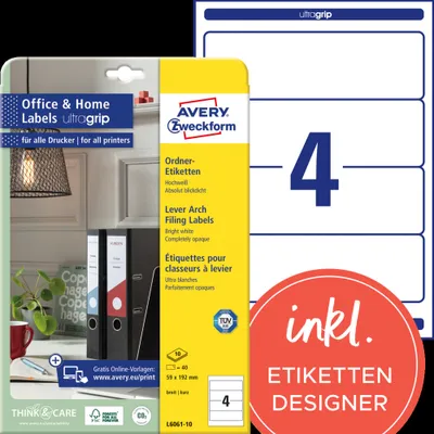 Produktbild von Avery Zweckform L6061-10 Ordner-Etiketten, Home Office, Kleinpackung, A4 mit ultragrip, 59 x 192 mm, 10 Bogen/40 Etiketten, weiß