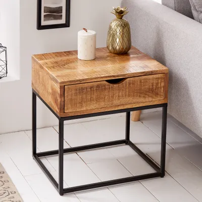 Produktbild von Industrial Design Nachttisch IRON CRAFT 45cm Mangoholz mit Schublade Beistelltisch Tisch Holztisch