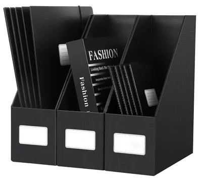 Productafbeelding van 3 stuks tijdschriftenhouders, 10,5 cm breed, extra stevig karton, A4 document- en tijdschriftenrek, zwart