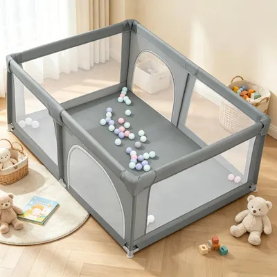 Produktbild von Laufstall Baby Laufgitter 180x120cm Rutschfester Absperrgitter mit Atmungsaktive Netz Schutzgitter Kind Playpen Set mit Bällen Grau
