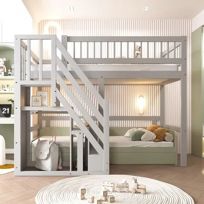 Produktbild von Hochbett mit Aufbewahrungsschrank und Treppe Kinderbett Einzelbett Jugendbett Holzbettgestell 90*200cm Grau