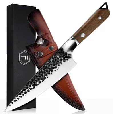 Kochmesser 20 cm, handgeschmiedet, Kohlenstoffstahl, Holzgriff, Lederscheide