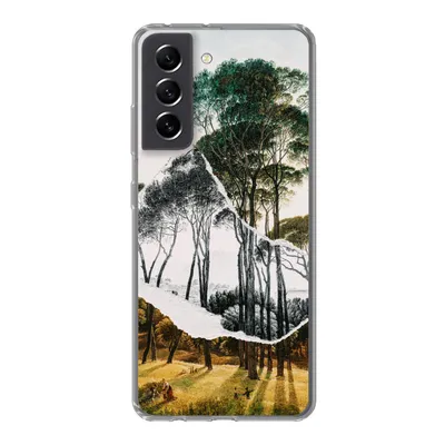 Produktbild von MuchoWow® Handyhülle Schutzhülle Hülle für Samsung Galaxy S21 FE Italienische Landschaft Schirmkiefern - Kunst - Hendrik Voogd - Malerei - Schwarz-Weiß - Alte Meister Silikon Softcase Handy Hülle - Mobiltelefonhülle